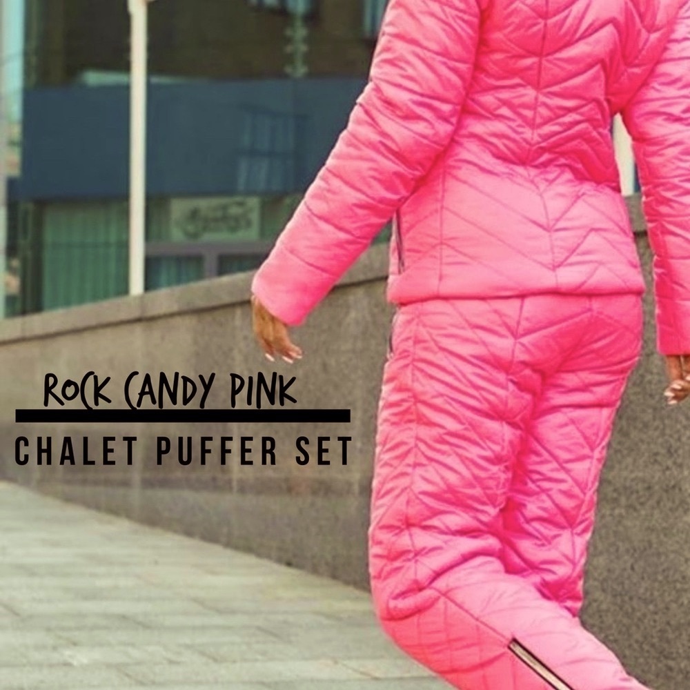 Chalet Puffer coordinate set snow ski jacket & high waisted pants pink red black - Picture 8 of 16